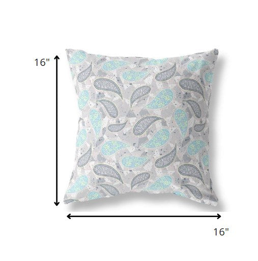 16?ǥ Gray Turquoise Boho Paisley Indoor Outdoor Throw Pillow