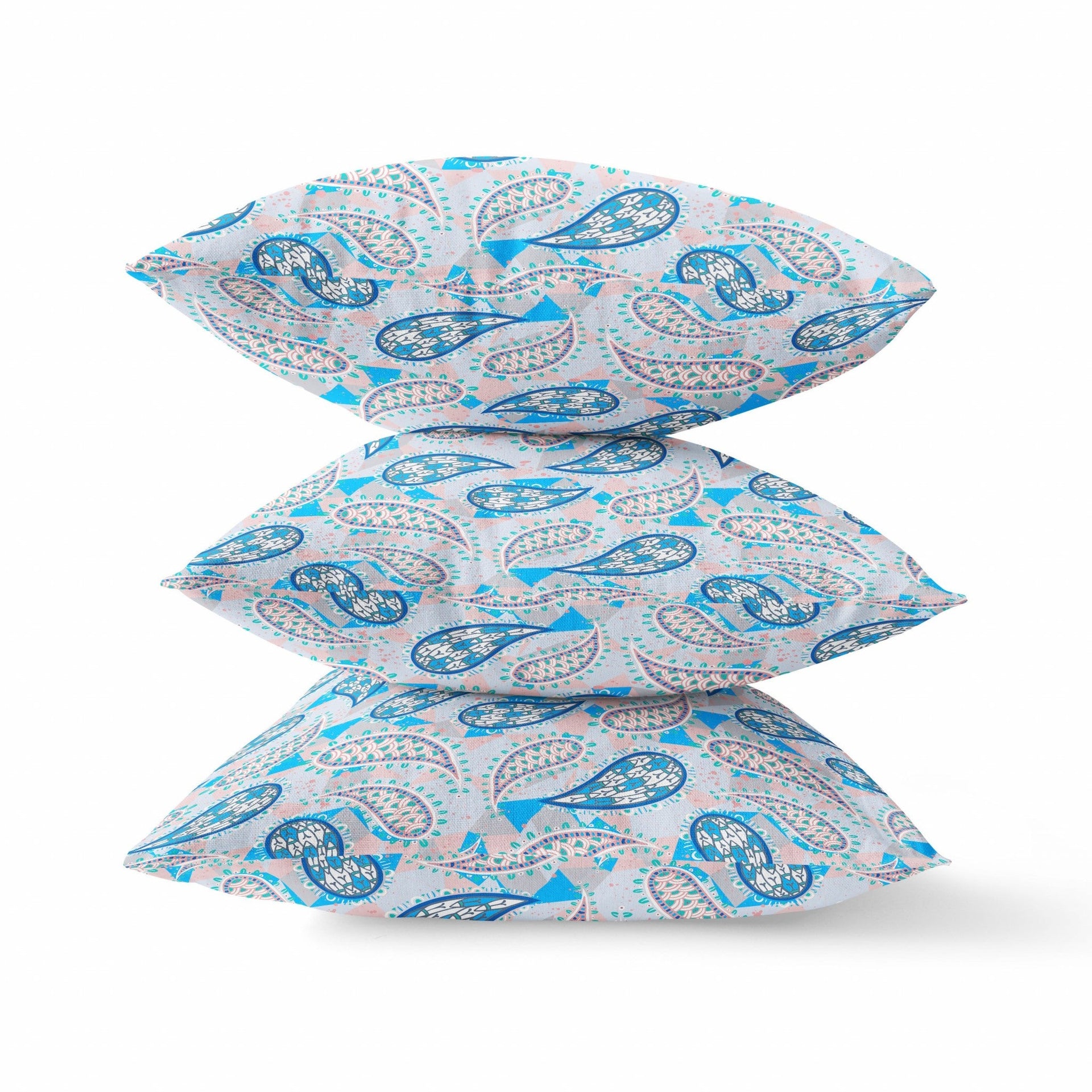 16?ǥ Blue Peach Boho Paisley Indoor Outdoor Throw Pillow