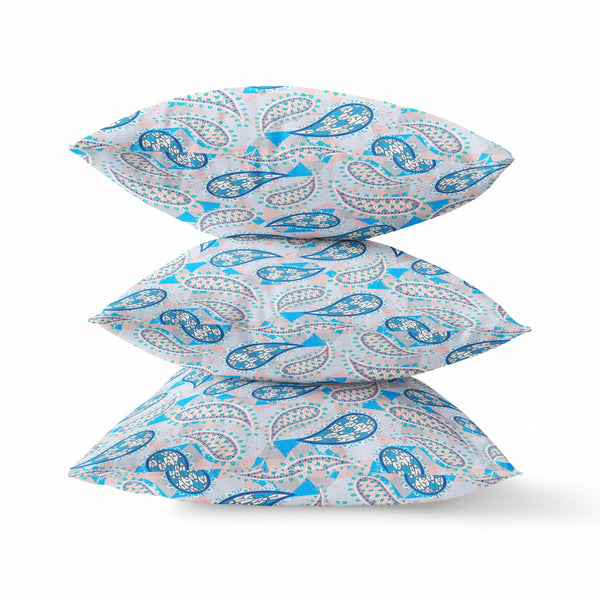 16?ǥ Blue Peach Boho Paisley Indoor Outdoor Throw Pillow