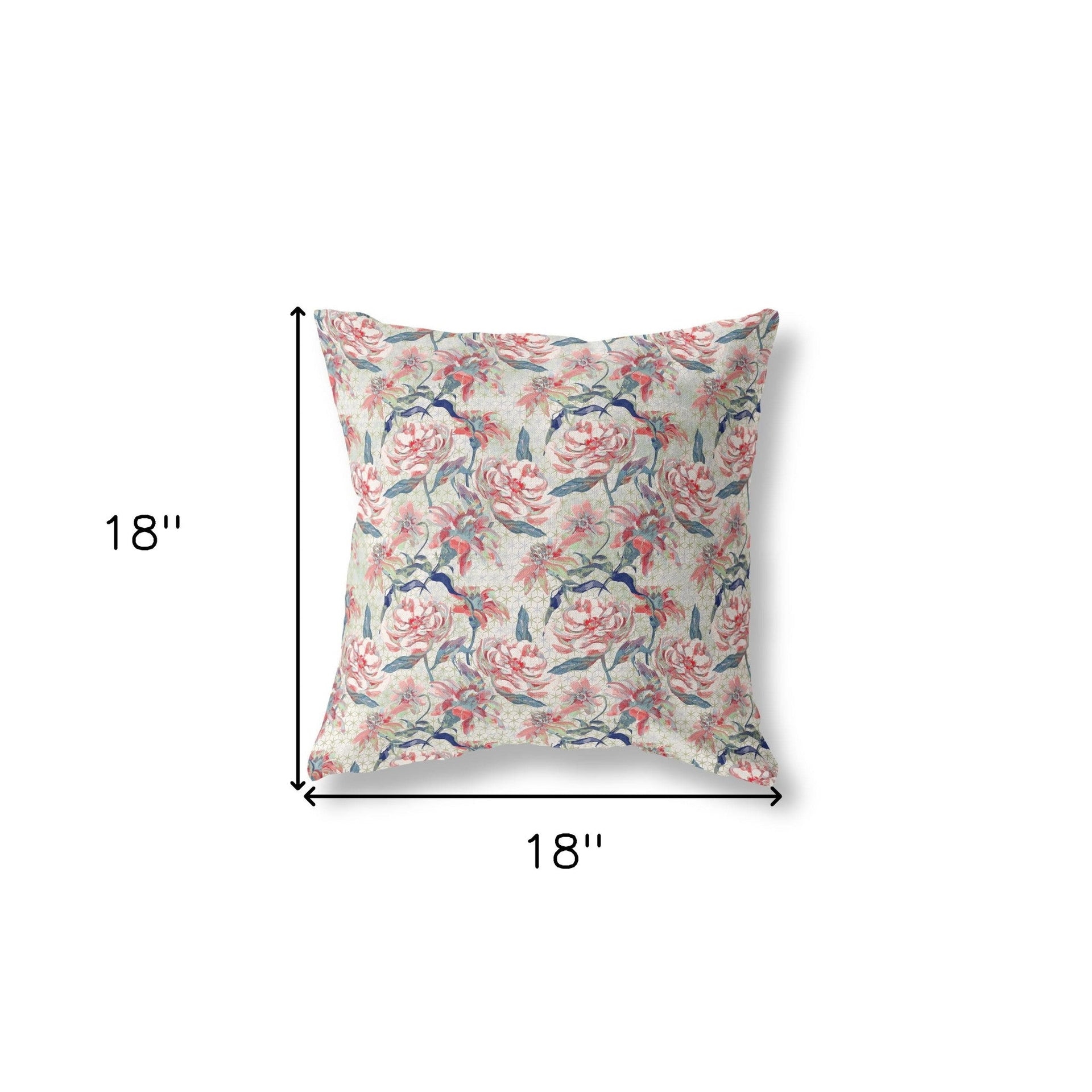 18” Red Pale Green Roses Indoor Outdoor Throw Pillow