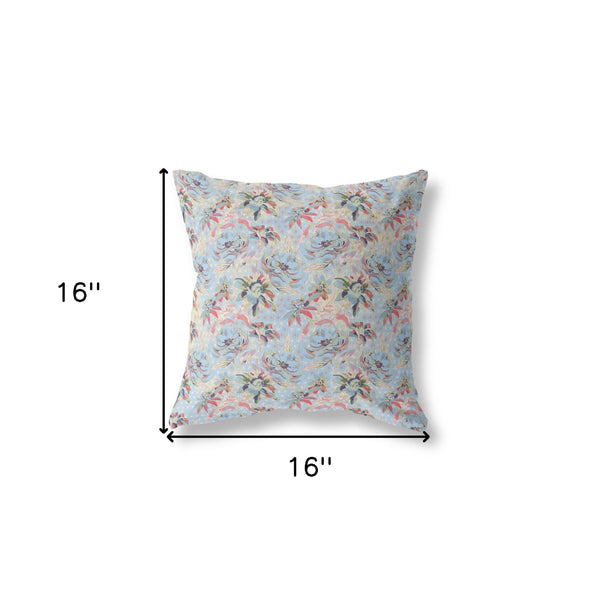 16” Light Blue Red Roses Indoor Outdoor Throw Pillow