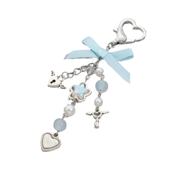 Little Fresh Love Bow Ribbon Keychain Sweet Wind Imitation Pearl Alloy Pendant