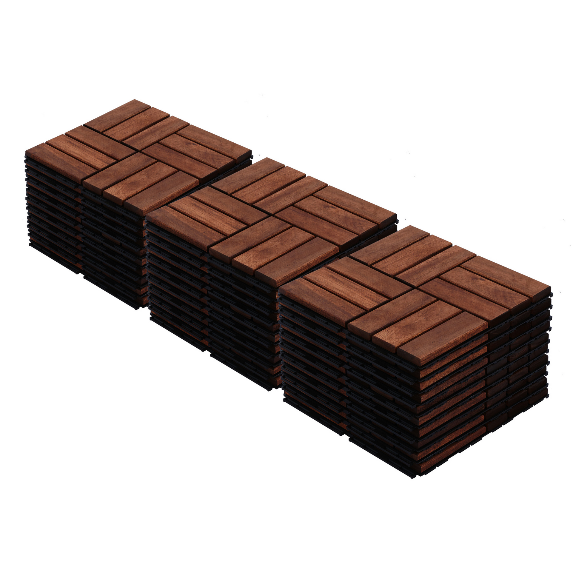 Acacia interlocking deck tile grid pattern, 10 pieces of 12 inch x 12 inch square brown Acacia hardwood outdoor flooring