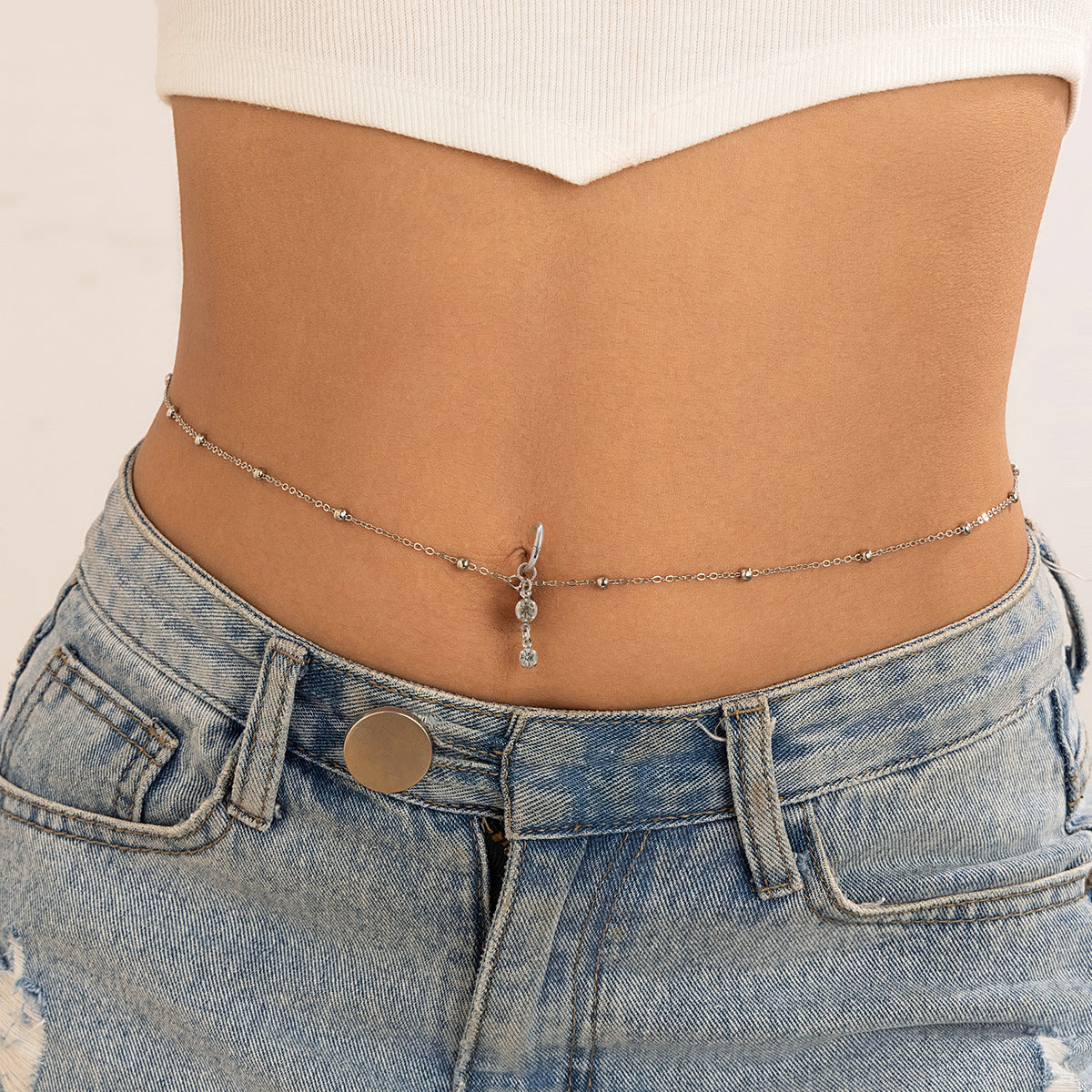 Sexy rhinestone puncture navel nail waist chain, sweet and cool summer body chain