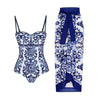Blue and white porcelain print retro beach vacation hot spring swimsuit