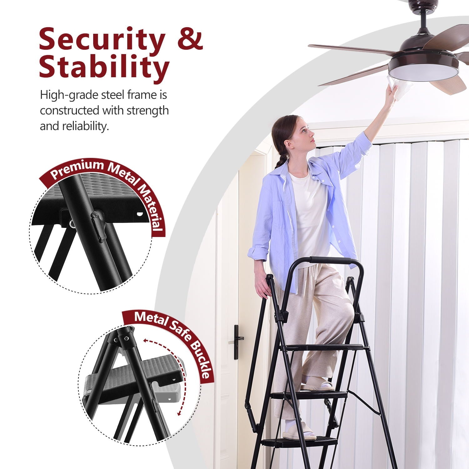 Four step ladder, lightweight folding four step stool, wide anti slip pedal and safety handle, sturdy steel ladder