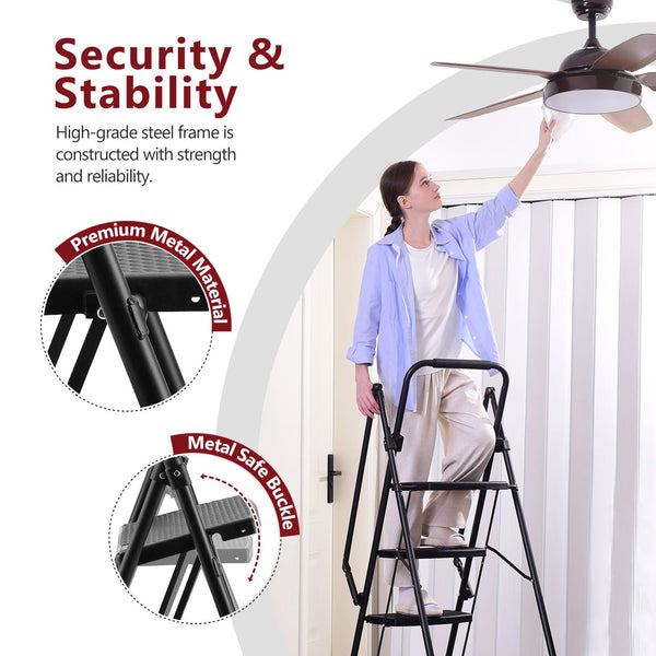 Four step ladder, lightweight folding four step stool, wide anti slip pedal and safety handle, sturdy steel ladder