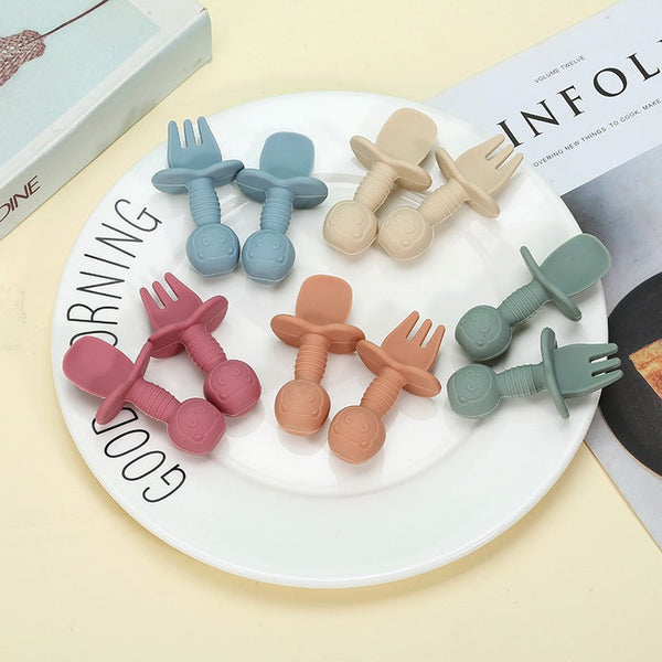 Licking Spoon for Baby Learning to Eat Training Spoon Short Handle Baby Supplementary Food Silicone Soft Spoon Fork Spoon Tableware 2-piece Set