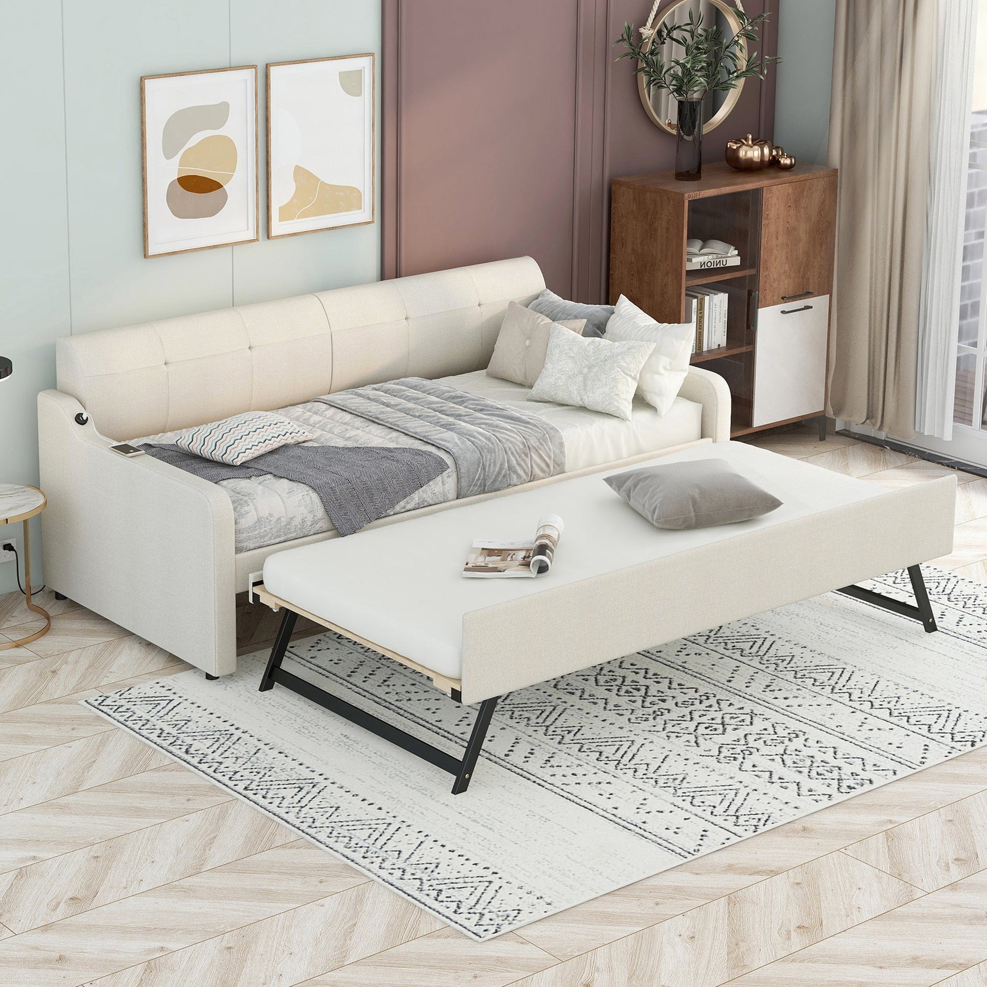 Twin Size Upholstery Daybed with Trundle and USB Charging Design Trundle can be flat or erected Beige