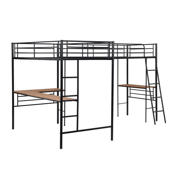 Twin Size Metal Loft Bed with Two Built-in Desks Black