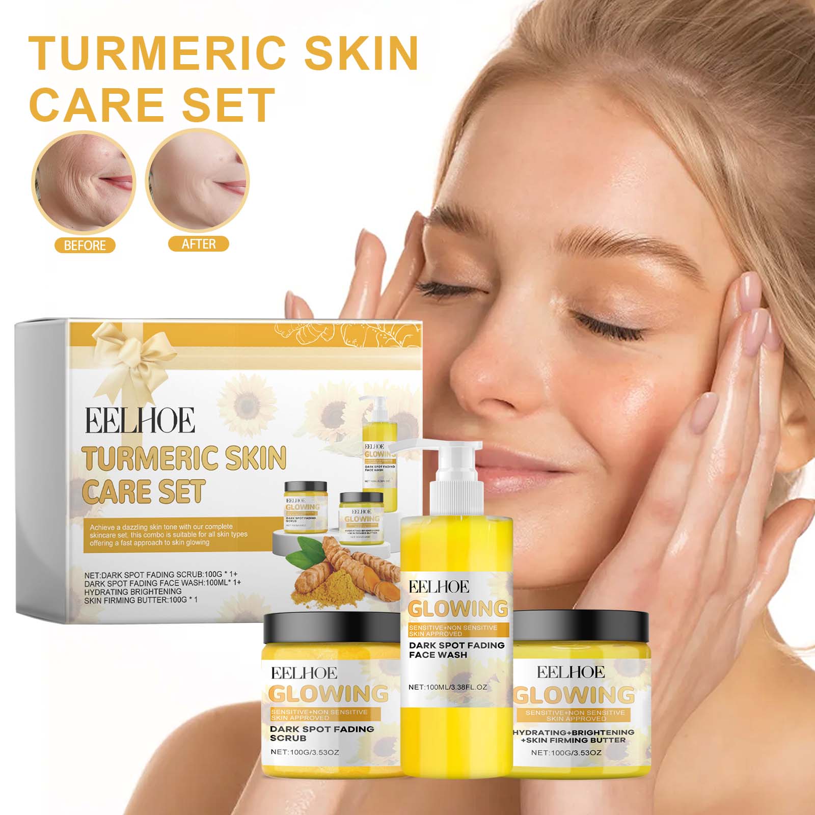 Turmeric Skin Care Set Hydrating Moisturizing Cleanser Refreshing Oil Control Subtle Lines Nourishing Cleansing Set