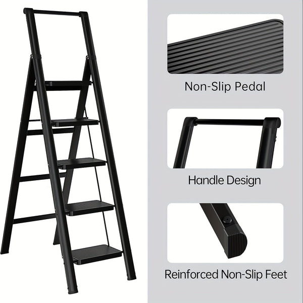 5-step ladder folding stool with anti slip wide pedals, lightweight and easy to carry handle folding ladder