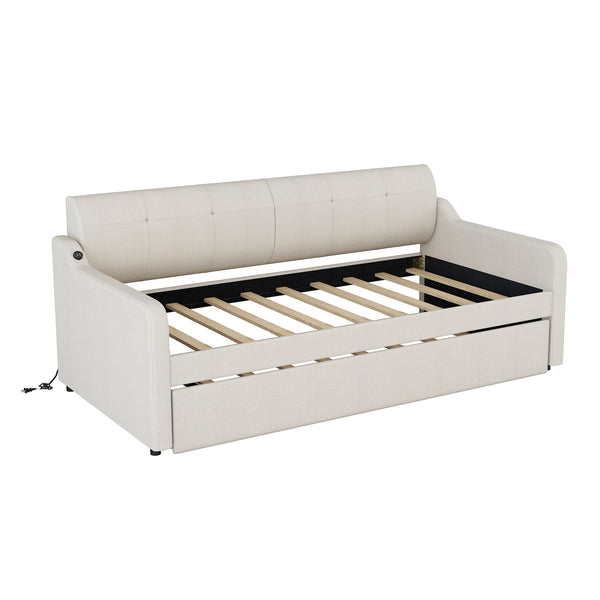 Twin Size Upholstery Daybed with Trundle and USB Charging Design Trundle can be flat or erected Beige