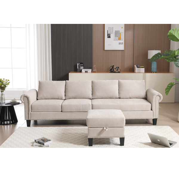Convertible Sectional Sofa with Storage,L-shaped sofa,Four-seater sofa,Modern Linen Fabric Sectional Couches Beige