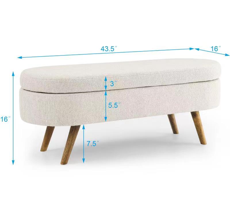 Ottoman Oval Storage Bench Rubber Wood Legs Beige(43.5
