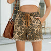 European and American women's retro leopard print denim lace up shorts