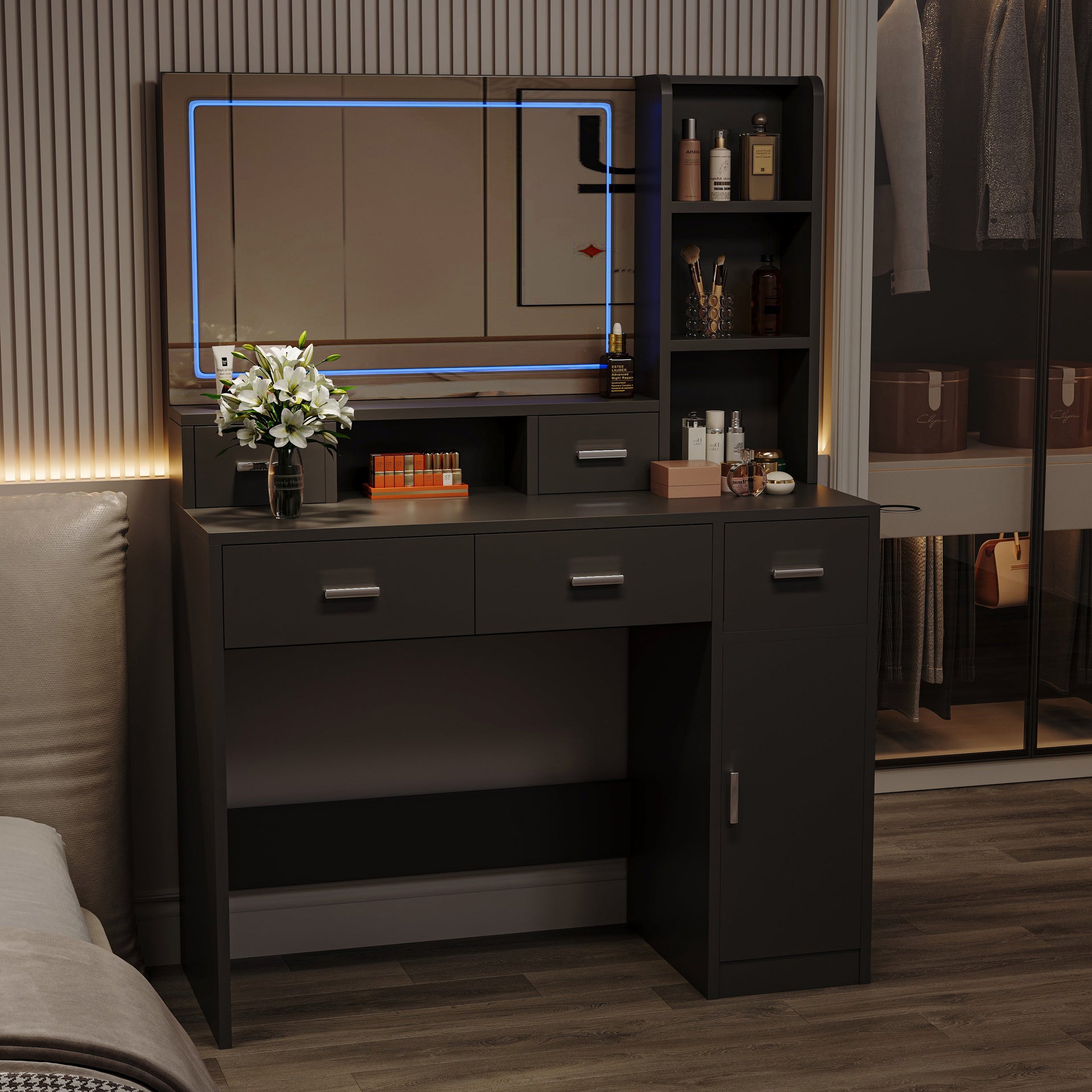 Smart mirror dressing table with drawers and storage cabinets
