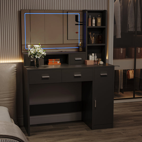 Smart mirror dressing table with drawers and storage cabinets