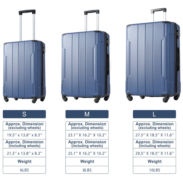 Hardshell Luggage Sets 3 Pcs Spinner Suitcase with TSA Lock Lightweight 20''24''28'' Blue + ABS
