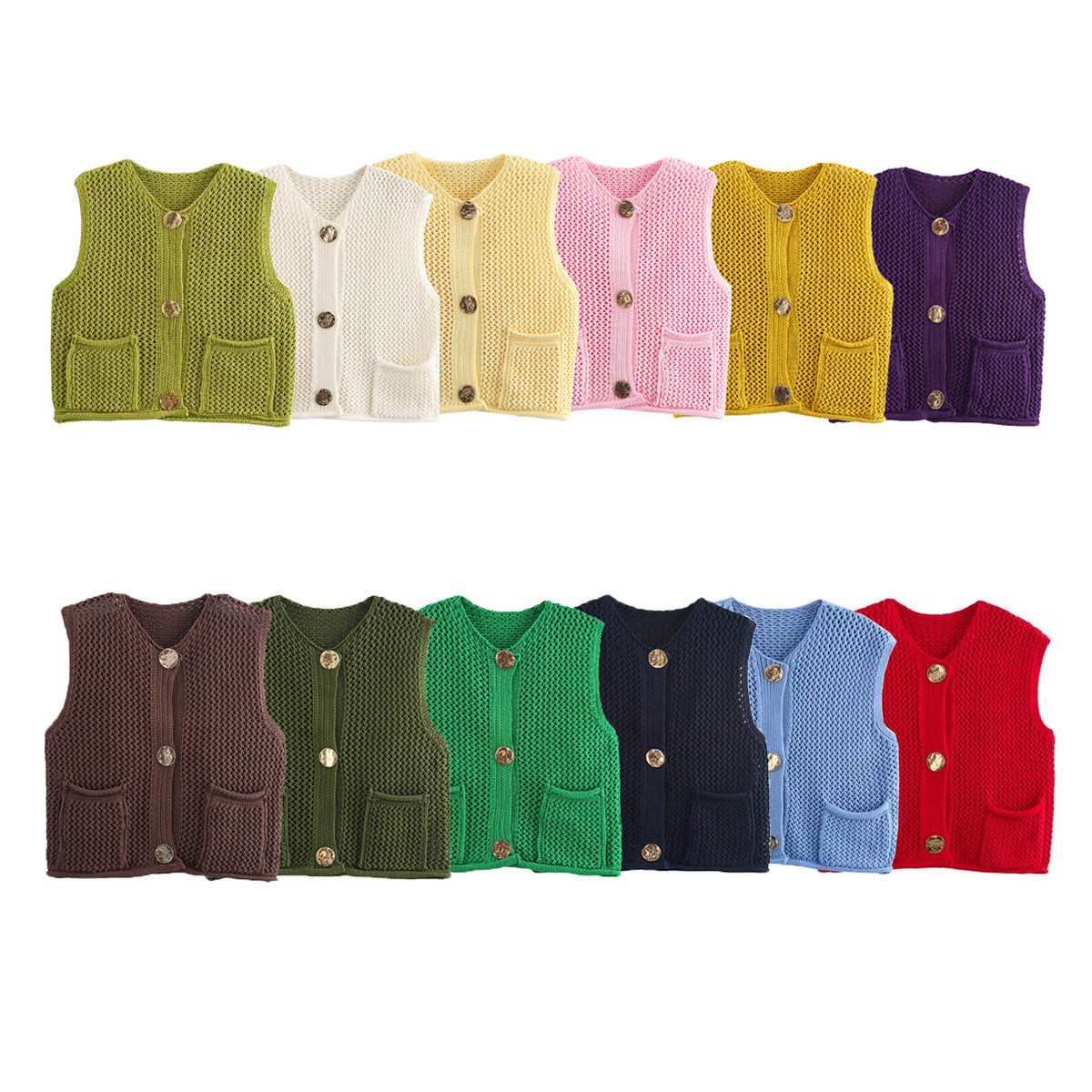 Street Fashion Crochet Hollow Vest Solid Color Versatile Round Neck Jacket