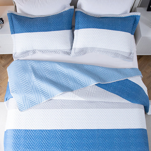Kasentex Lightweight Reversible Stripe Quilt Set Bedding- Sky Blue and Ivory White, Room Decor, Graduation Gifts, Father's Day Gift