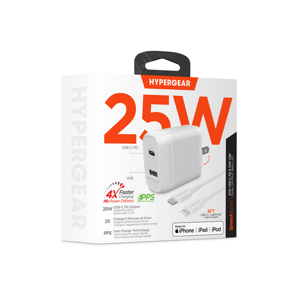 HyperGear SpeedBoost 25W USB-C PD + 12W USB Fast Wall Charger with PPS and 6ft MFi Lightning Cable