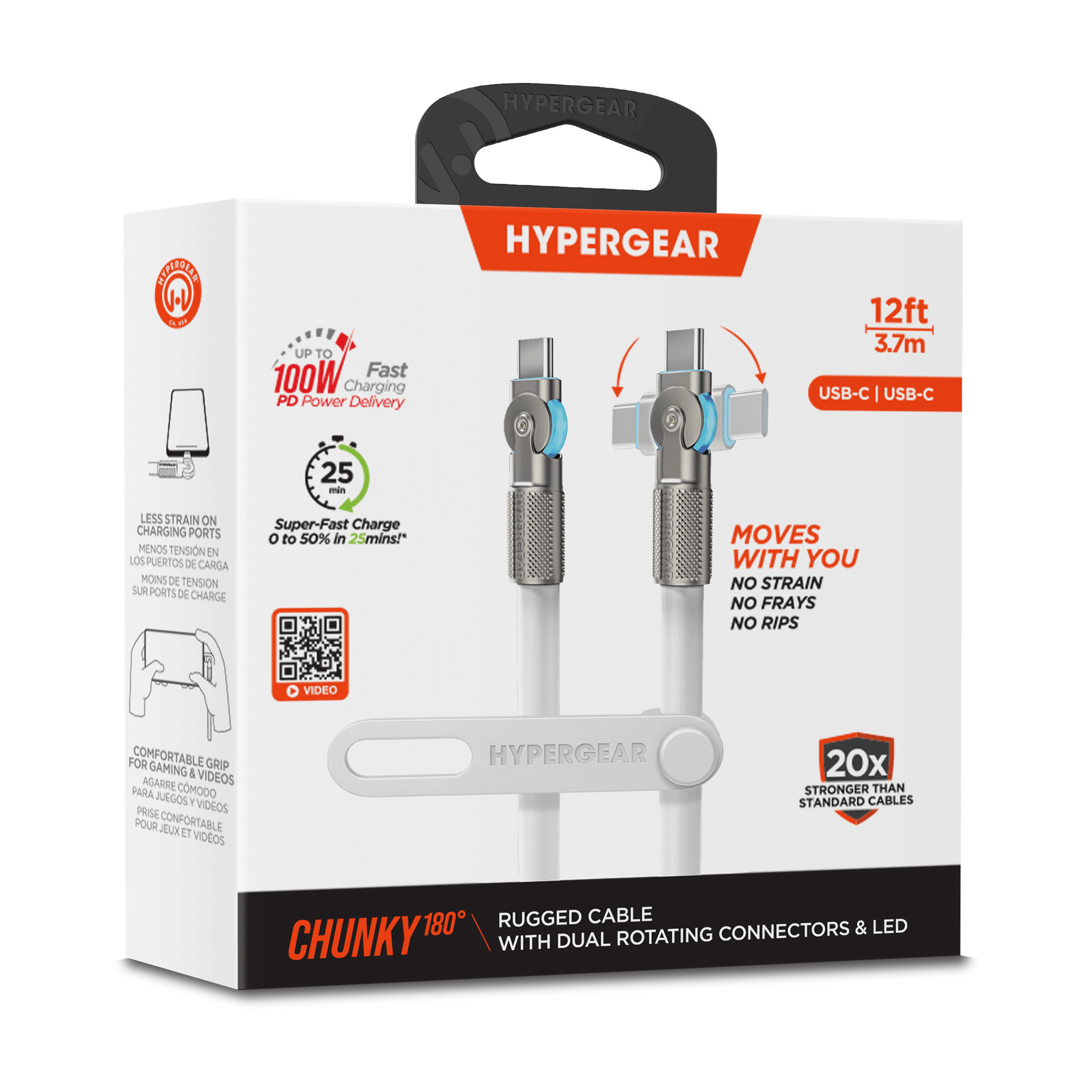 HyperGear Chunky180° 100W USB-C to USB-C Rugged Fast Charge Cable 12ft