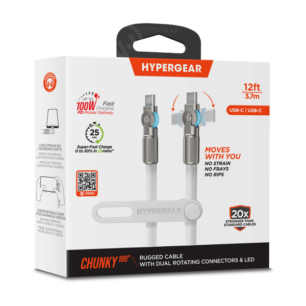 HyperGear Chunky180° 100W USB-C to USB-C Rugged Fast Charge Cable 12ft