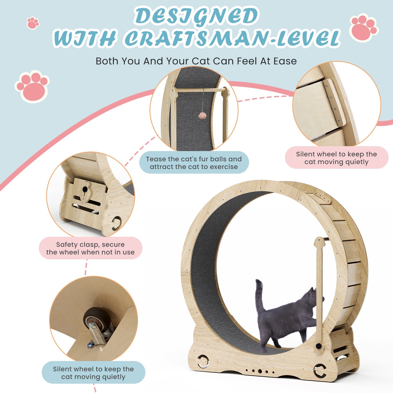 Indoor cat treadmill with carpet, tear device and latch natural wood, 39.4 inches long x 13.2 inches wide x 41.3 inches high