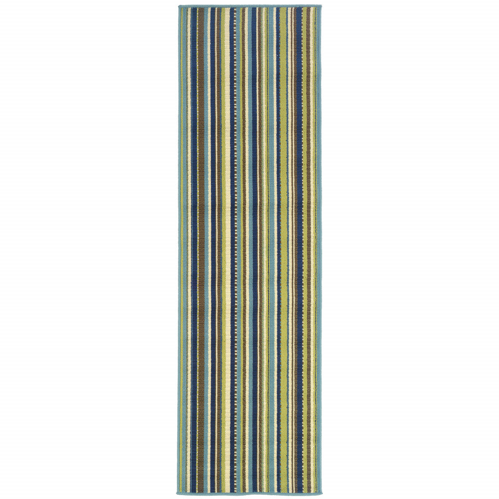 2' X 8' Blue and Green Striped Stain Resistant Indoor Outdoor Area Rug