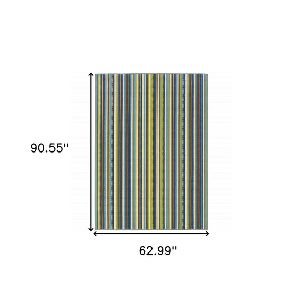 5' x 8' Blue and Green Striped Stain Resistant Indoor Outdoor Area Rug