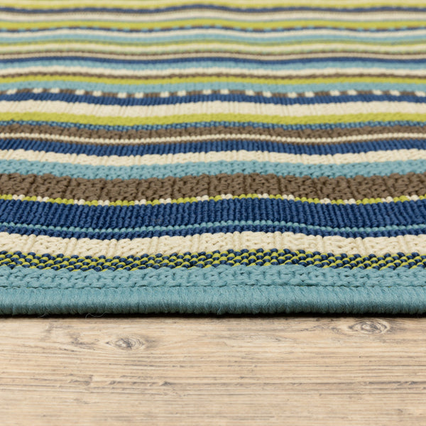 5' x 8' Blue and Green Striped Stain Resistant Indoor Outdoor Area Rug
