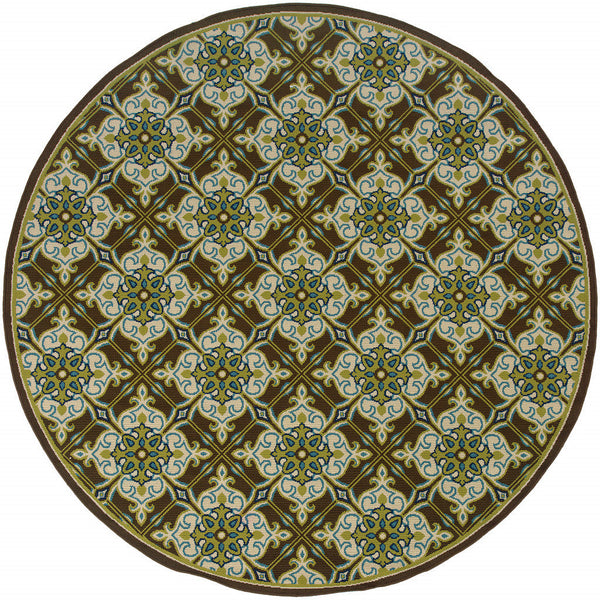 8' x 8' Brown and Ivory Round Floral Stain Resistant Indoor Outdoor Area Rug