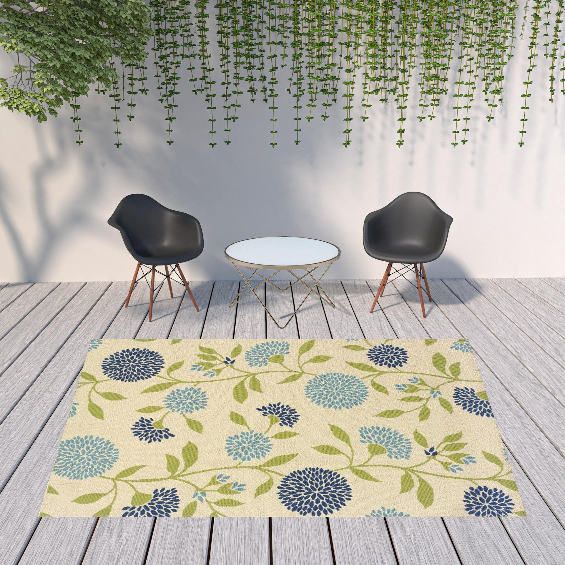8' x 11' Green and Ivory Floral Stain Resistant Indoor Outdoor Area Rug