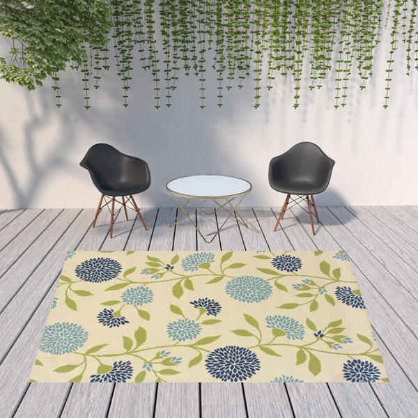 8' x 11' Green and Ivory Floral Stain Resistant Indoor Outdoor Area Rug