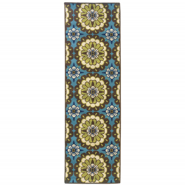 2' X 8' Blue and Green Floral Stain Resistant Indoor Outdoor Area Rug