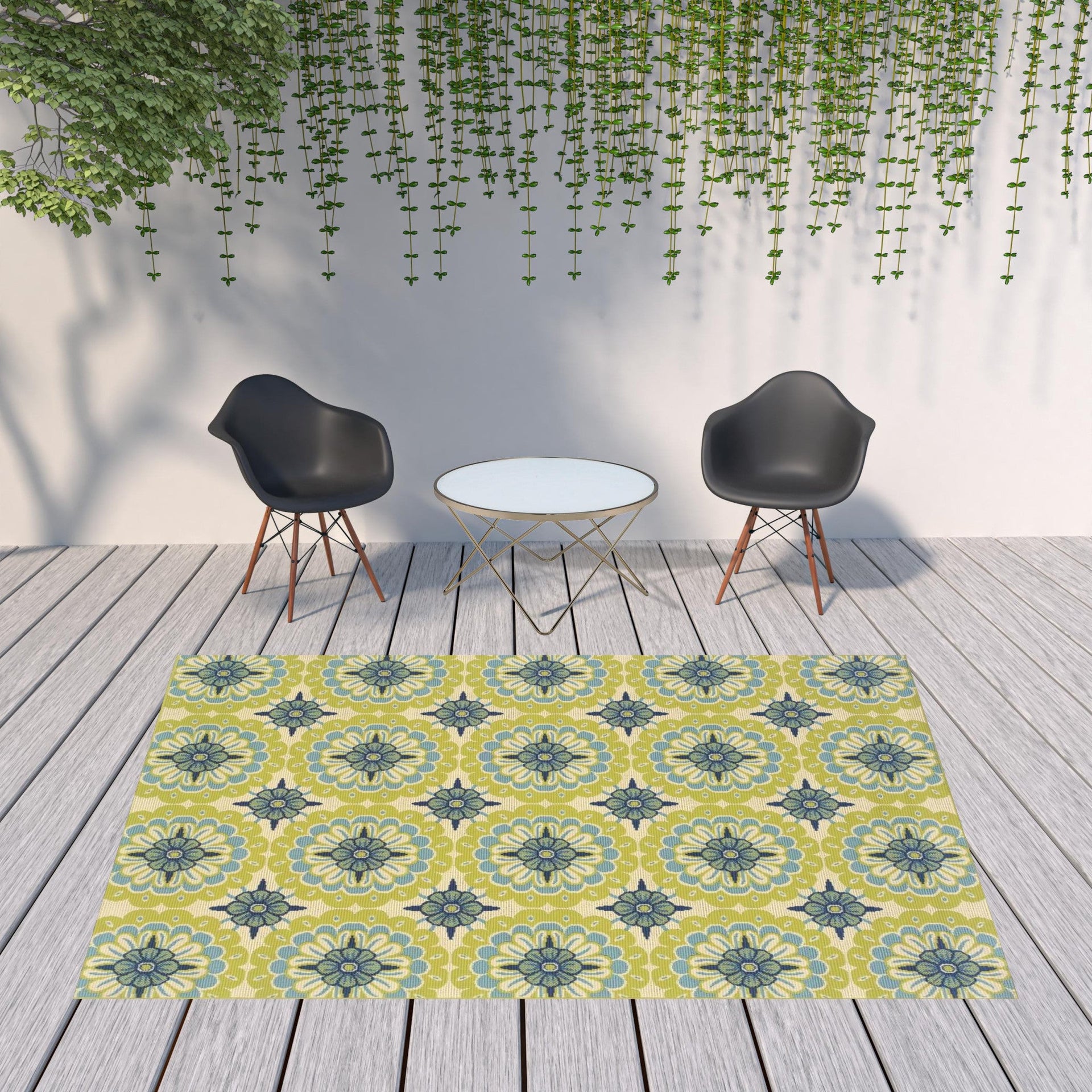 8' x 11' Green and Ivory Floral Stain Resistant Indoor Outdoor Area Rug