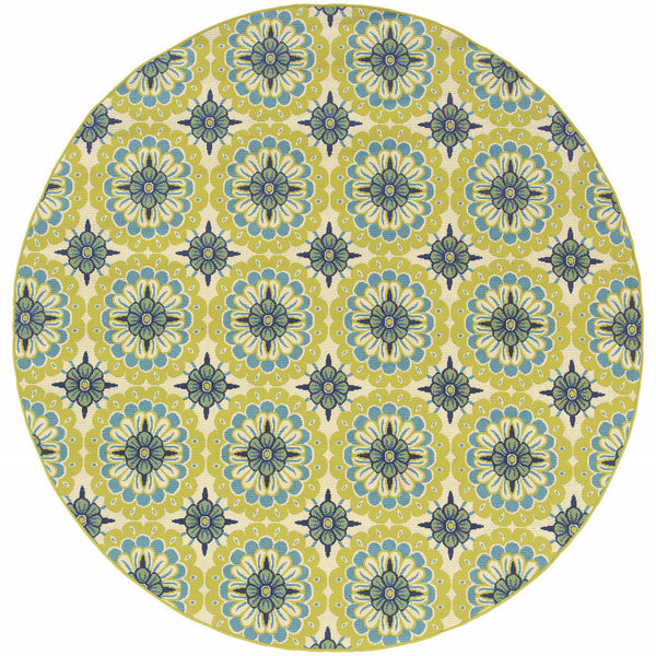 8' x 8' Green and Ivory Round Floral Stain Resistant Indoor Outdoor Area Rug