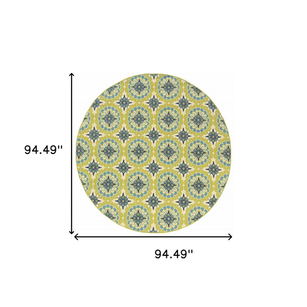 8' x 8' Green and Ivory Round Floral Stain Resistant Indoor Outdoor Area Rug