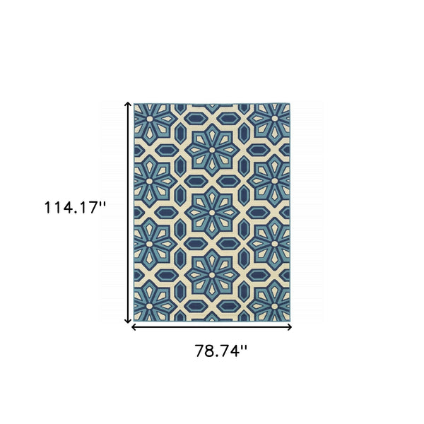 7' x 10' Ivory and Blue Geometric Stain Resistant Indoor Outdoor Area Rug