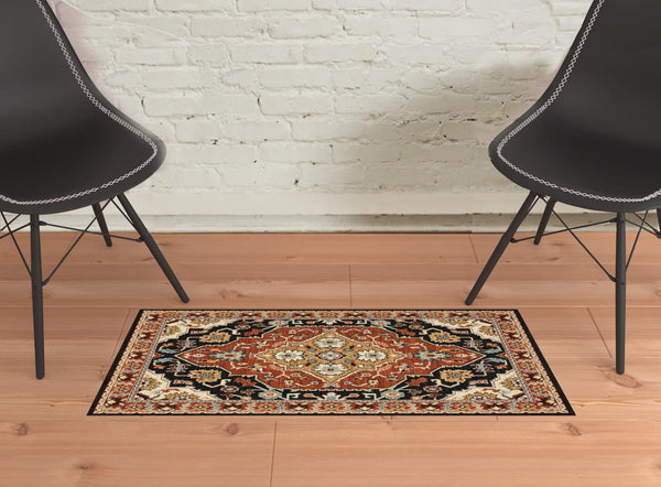 2' X 3' Black and Orange Oriental Power Loom Area Rug