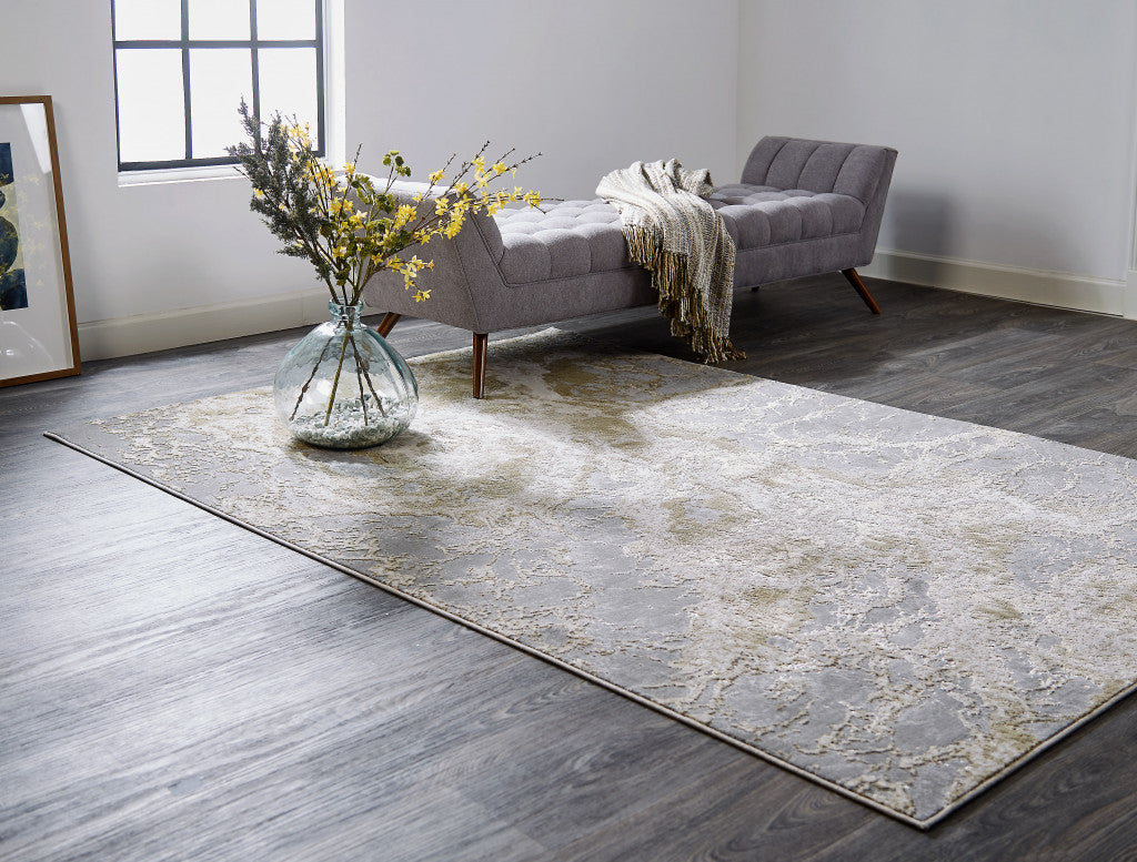 12' X 15' Ivory Silver And Gold Abstract Stain Resistant Area Rug