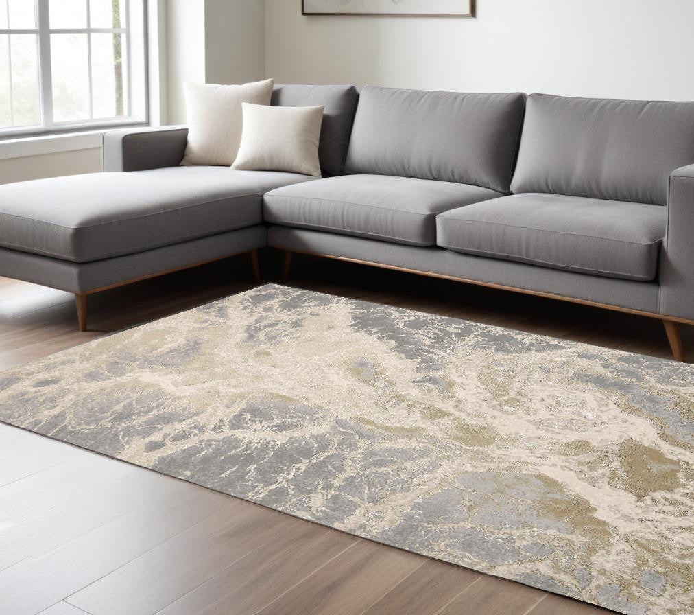 12' X 15' Ivory Silver And Gold Abstract Stain Resistant Area Rug