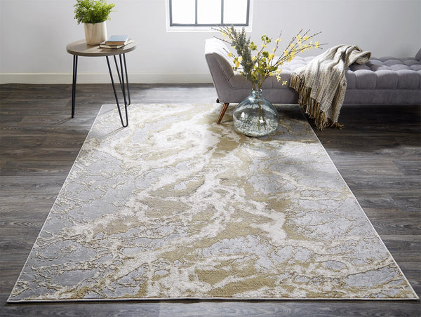 12' X 15' Ivory Silver And Gold Abstract Stain Resistant Area Rug
