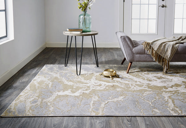 12' X 15' Ivory Silver And Gold Abstract Stain Resistant Area Rug