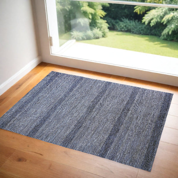 2' X 3' Blue And Gray Wool Striped Hand Knotted Area Rug