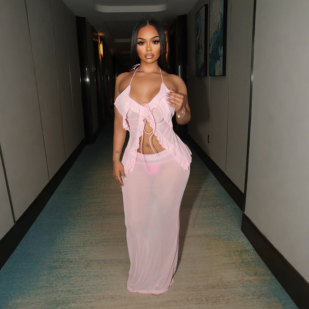 Sexy Transparent Set with Belted Sleeveless Cardigan and Fashionable Long Skirt Two-Piece Set for Women