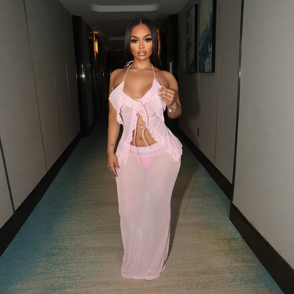 Sexy Transparent Set with Belted Sleeveless Cardigan and Fashionable Long Skirt Two-Piece Set for Women