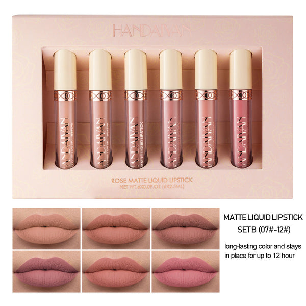 HANDAIYAN 6 Matte Rose Lip Gloss Liquid Lipstick Not Easy to Dip Cup Matte Lip Gloss Set Gift Box