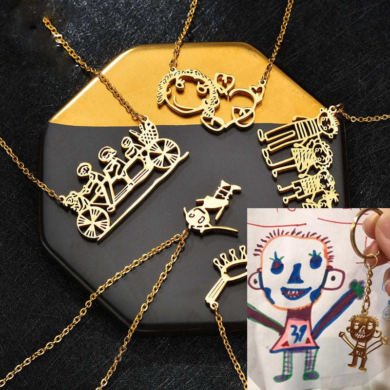 DIY Cutsom Drawing Art Necklaces Personalized Stainless Steel Kids Artwork Logol Pendant Jewelry Gifts for Family Children